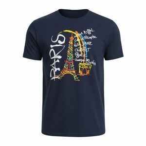 Paris Graphic T-Shirt Eiffel Tower Arc de Triomphe Black Short Sleeve Tee - M